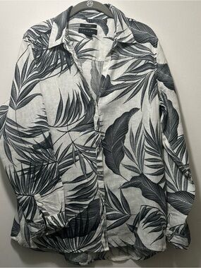 Tahari Black and White Leaf-Print Linen Shirt Size L Coastal